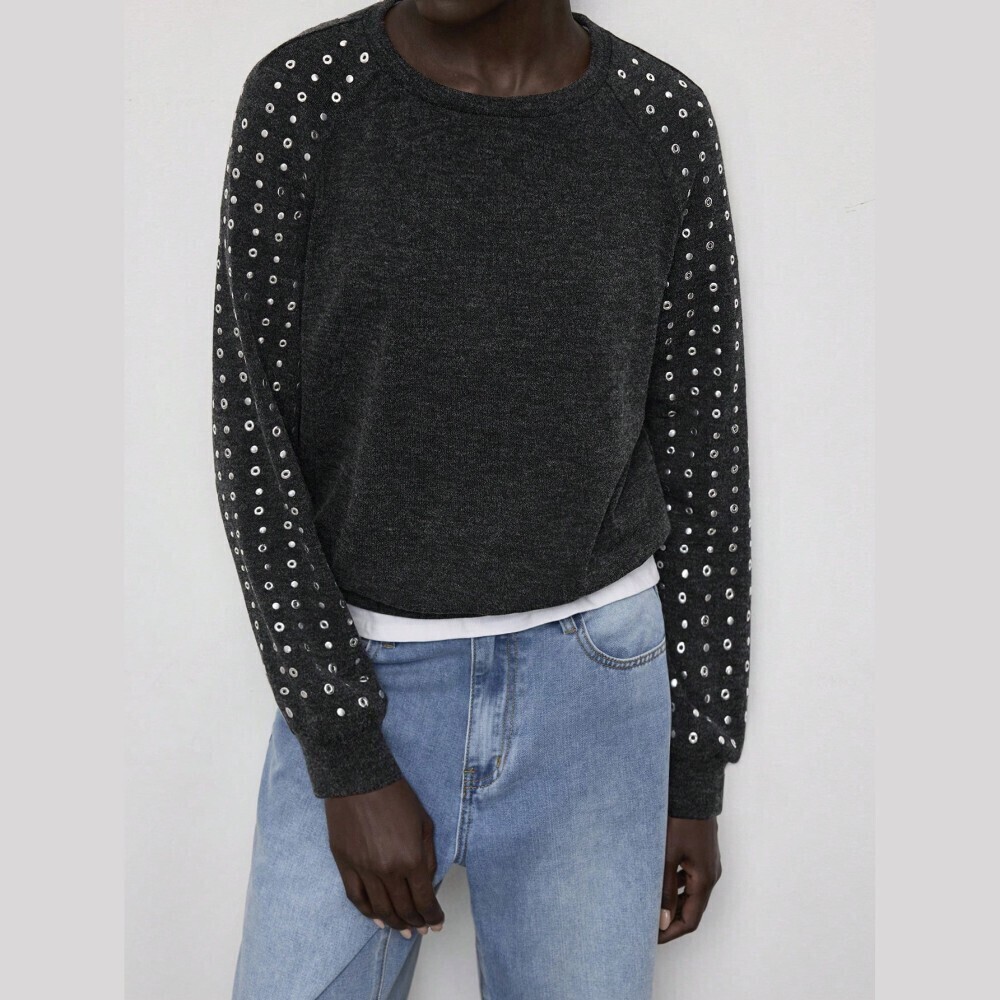 Heather Black / Charcoal Silver Grommet Studded Sleeve Crew Neck Knit Sweater